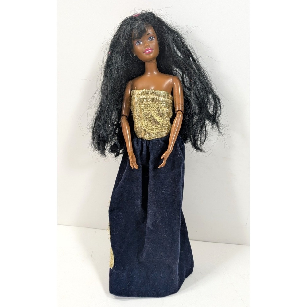 Vintage 1993 Mattel Barbie Doll Black Hair Gold Bodice Blue Velvet Gown Malaysia